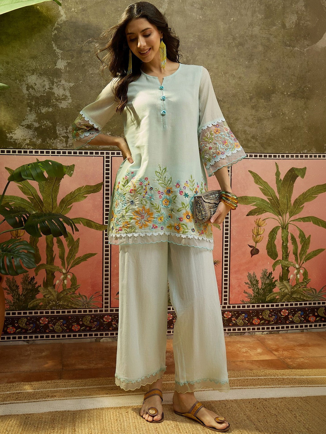 Embroidered Pure Cotton Round Neck Kurti & Trousers
