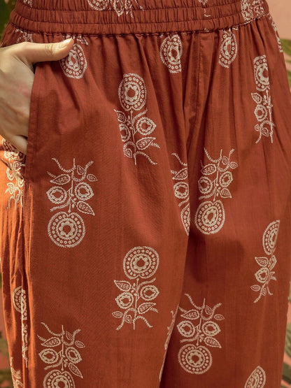 Embroidered Pure Cotton Round Neck Kurta & Palazzos With Dupatta