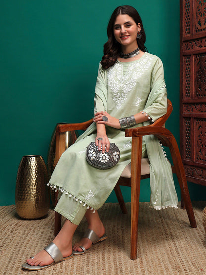 Floral Embroidered Pure Cotton Chikankari Straight Kurta & Trousers With Dupatta
