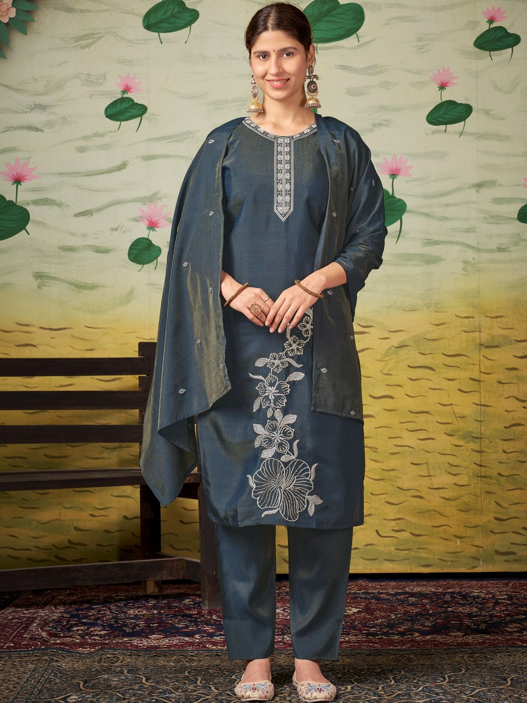 Dhiyona SN Embroidered Round Neck Kurti & Trousers With Dupatta