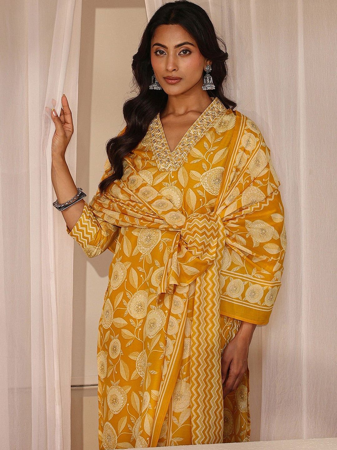 Libas Mustard Floral Printed Straight Suit Set