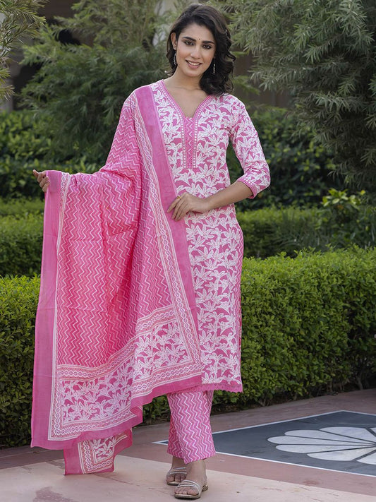 Dhiyona KL Floral Printed Mirror Work Straight Pure Cotton Kurta With Trousers & Dupatta
