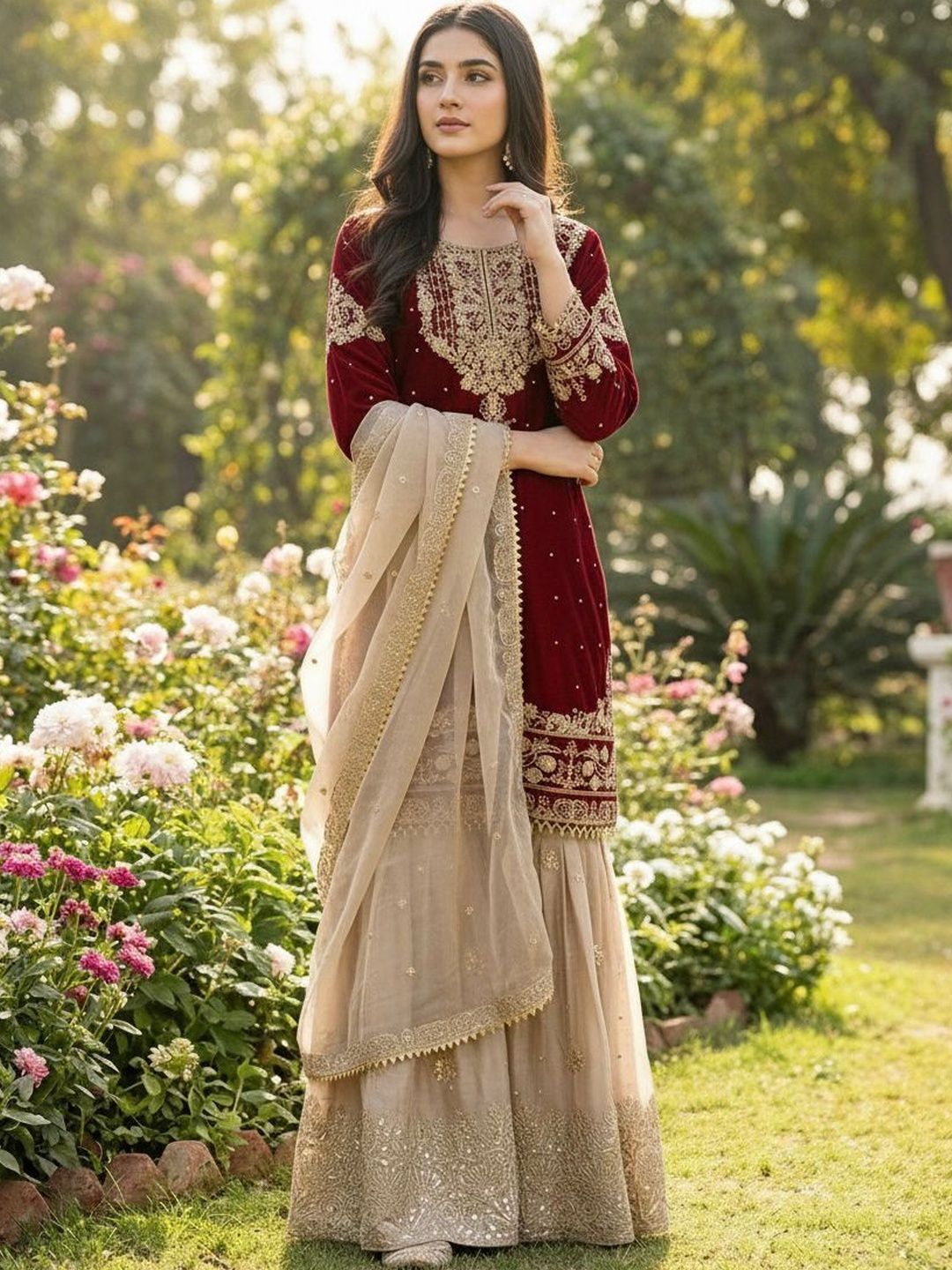 Dhiyona KL Women Ethnic Motifs Embroidered Regular Thread Work Kurta with Sharara & With Dupatta