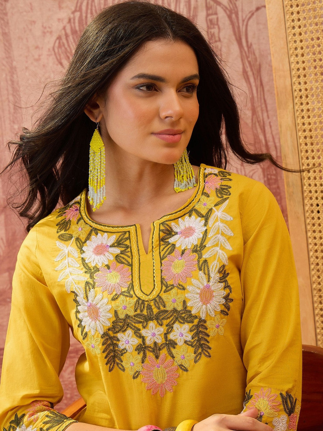 Women Floral Embroidered Regular Thread Work Pure Cotton Kurta with Trousers
