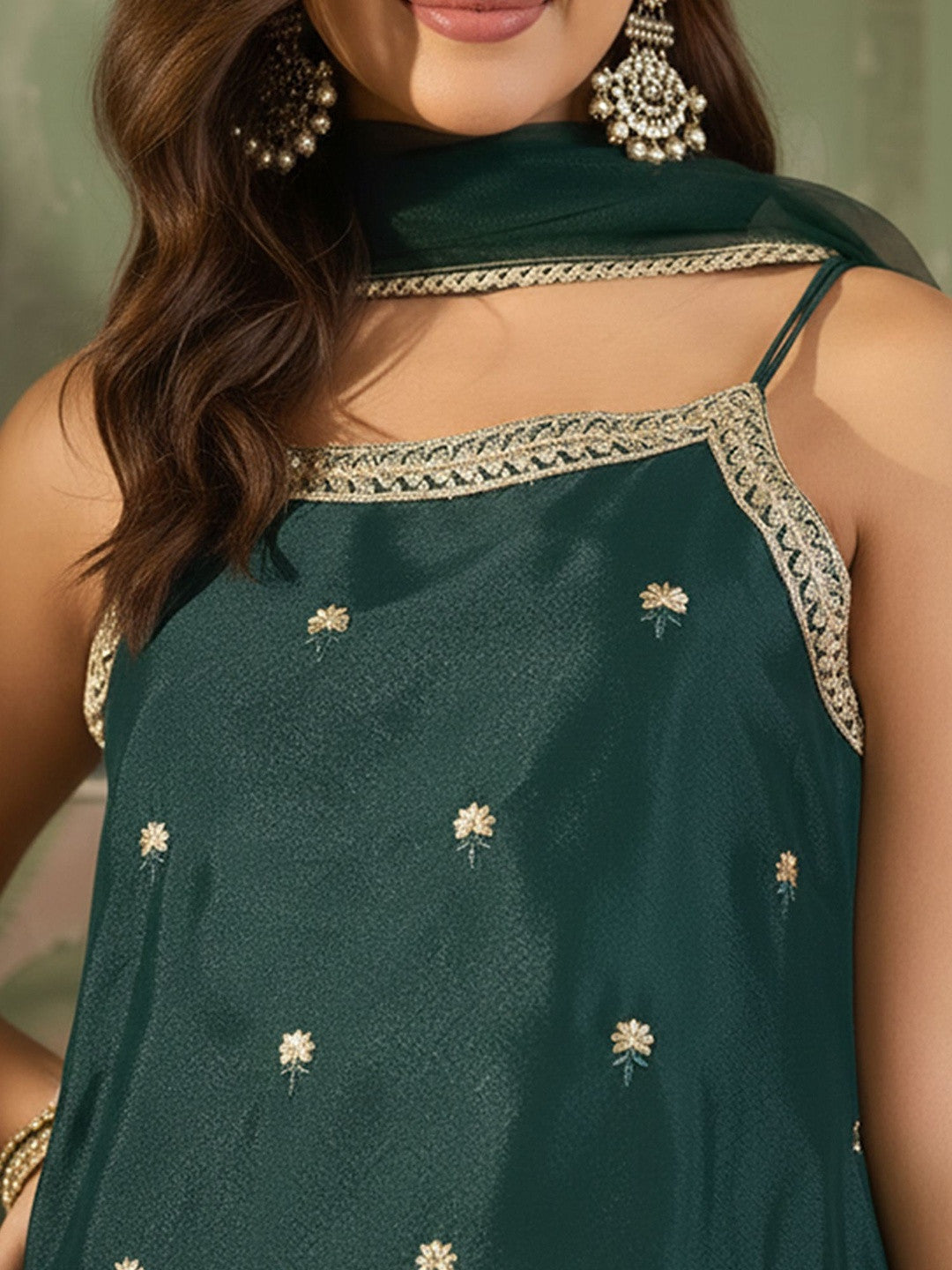 Embroidered Georgette Round Neck Kurta & Palazzos With Dupatta