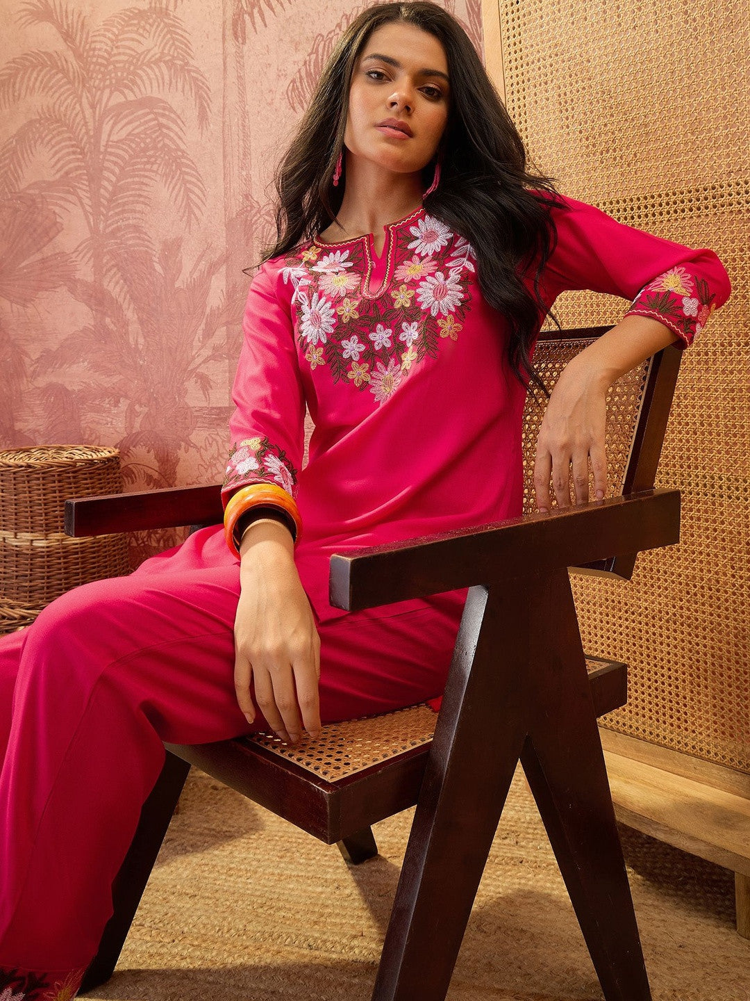 Women Floral Embroidered Regular Thread Work Pure Cotton Kurta with Trousers