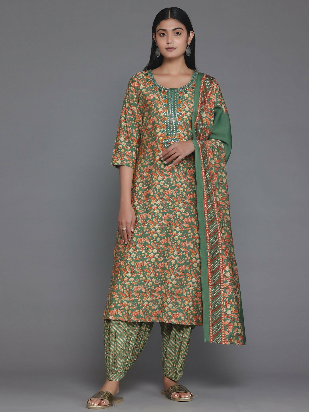 Women's LB Green Printed Silk Blend Straight Suit With Dupatta