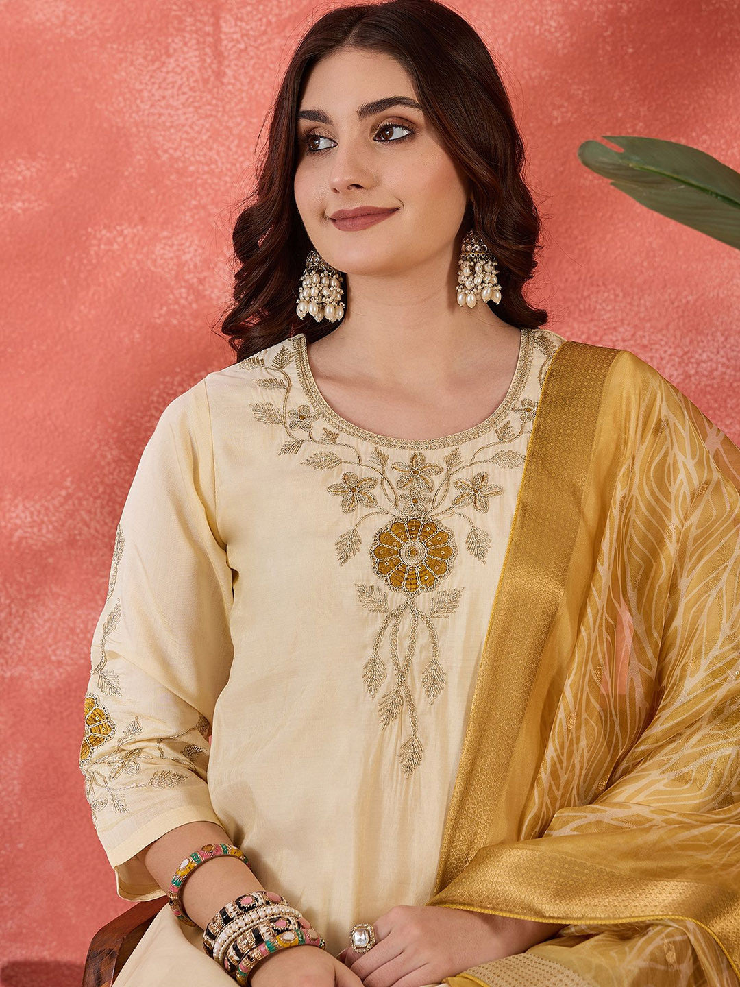 Embroidered Straight Kurta With Trouser & Dupatta Set