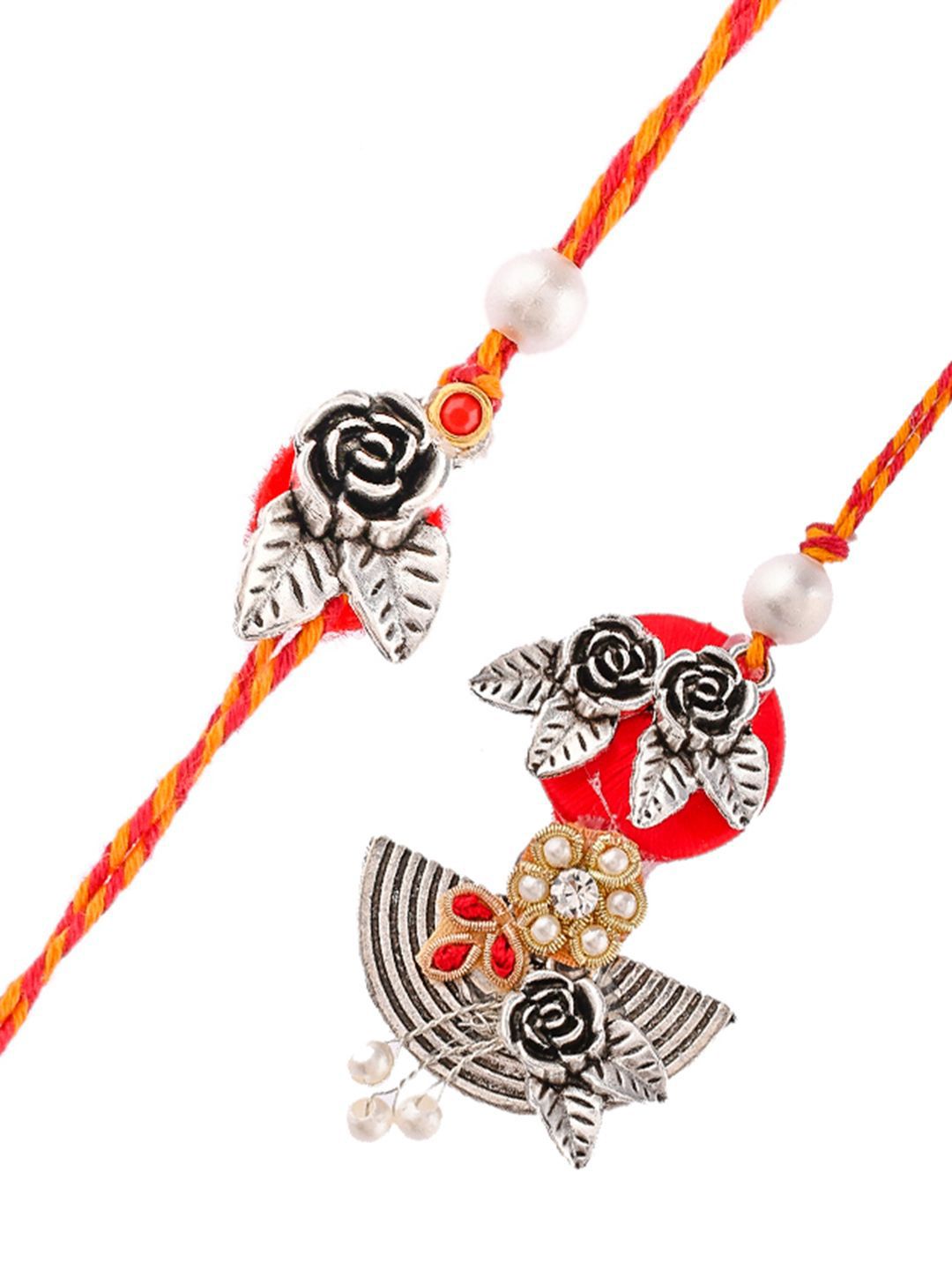 Dhiyona Silver-Toned Beaded Bhaiya Bhabhi Rakhi With Roli Chawal & Greeting Card