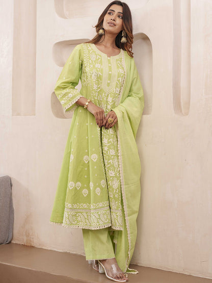 Dhiyona PD Women Floral Embroidered Pure Cotton Kurta & Trousers With Dupatta