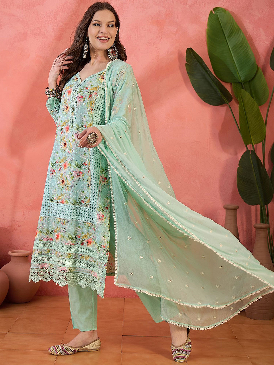 Floral Embroidered V-Neck Sequinned Cotton Straight Kurta With Trouser & Dupatta