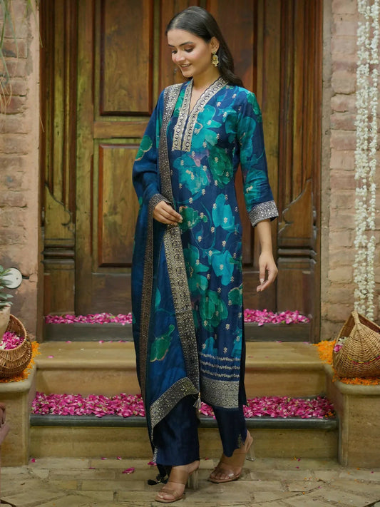 Women's LB Blue Printed Silk Blend Straight Suit With Dupatta