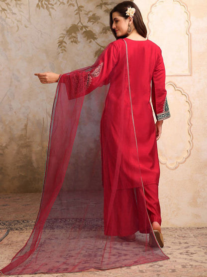 Dhiyona IN Floral Embroidered V Neck Sequinned Straight Kurta With Palazzos & Dupatta