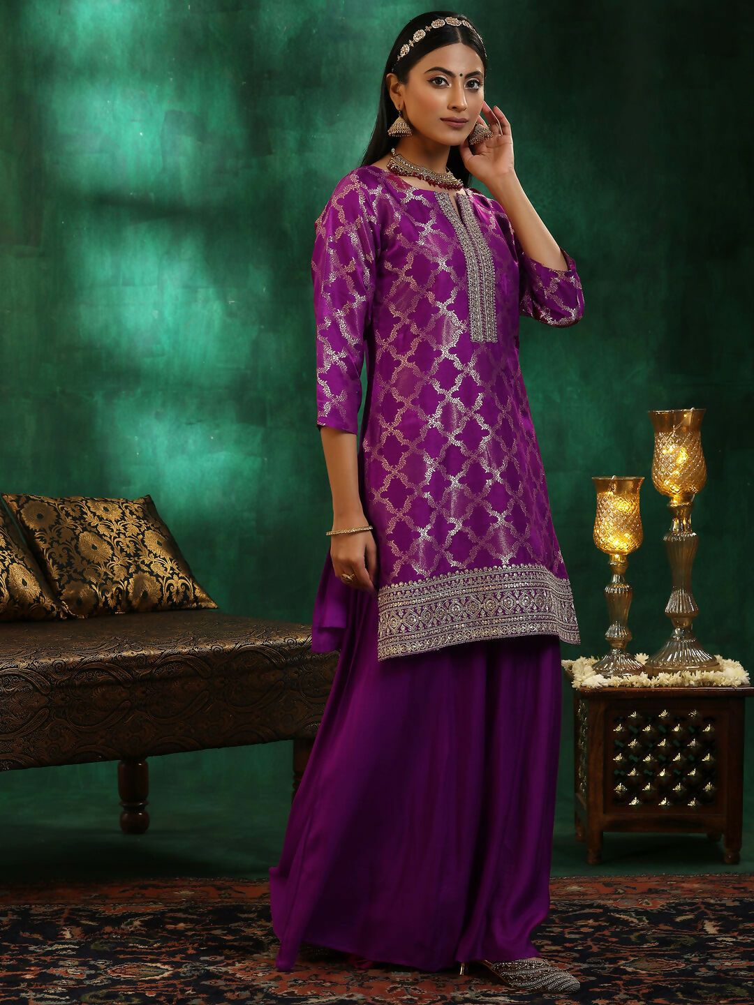 Women's LB Magenta Woven Design Silk Blend Straight Suit With Dupatta