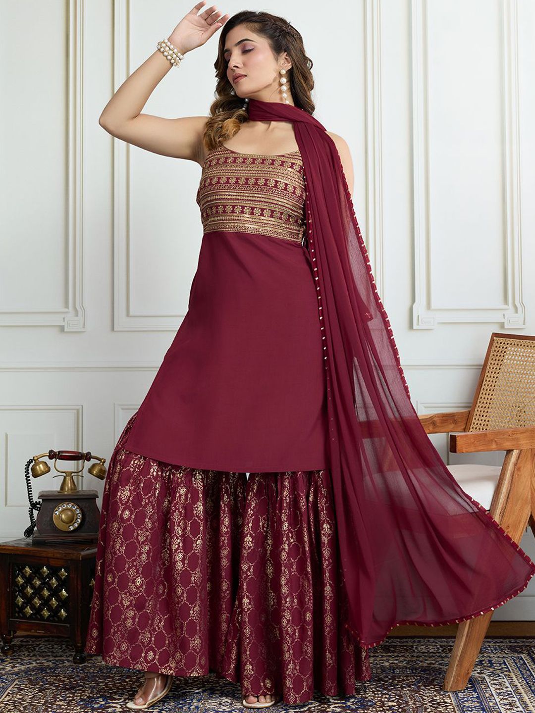 Dhiyona HOP Women Floral Embroidered Kurta with Sharara & Dupatta