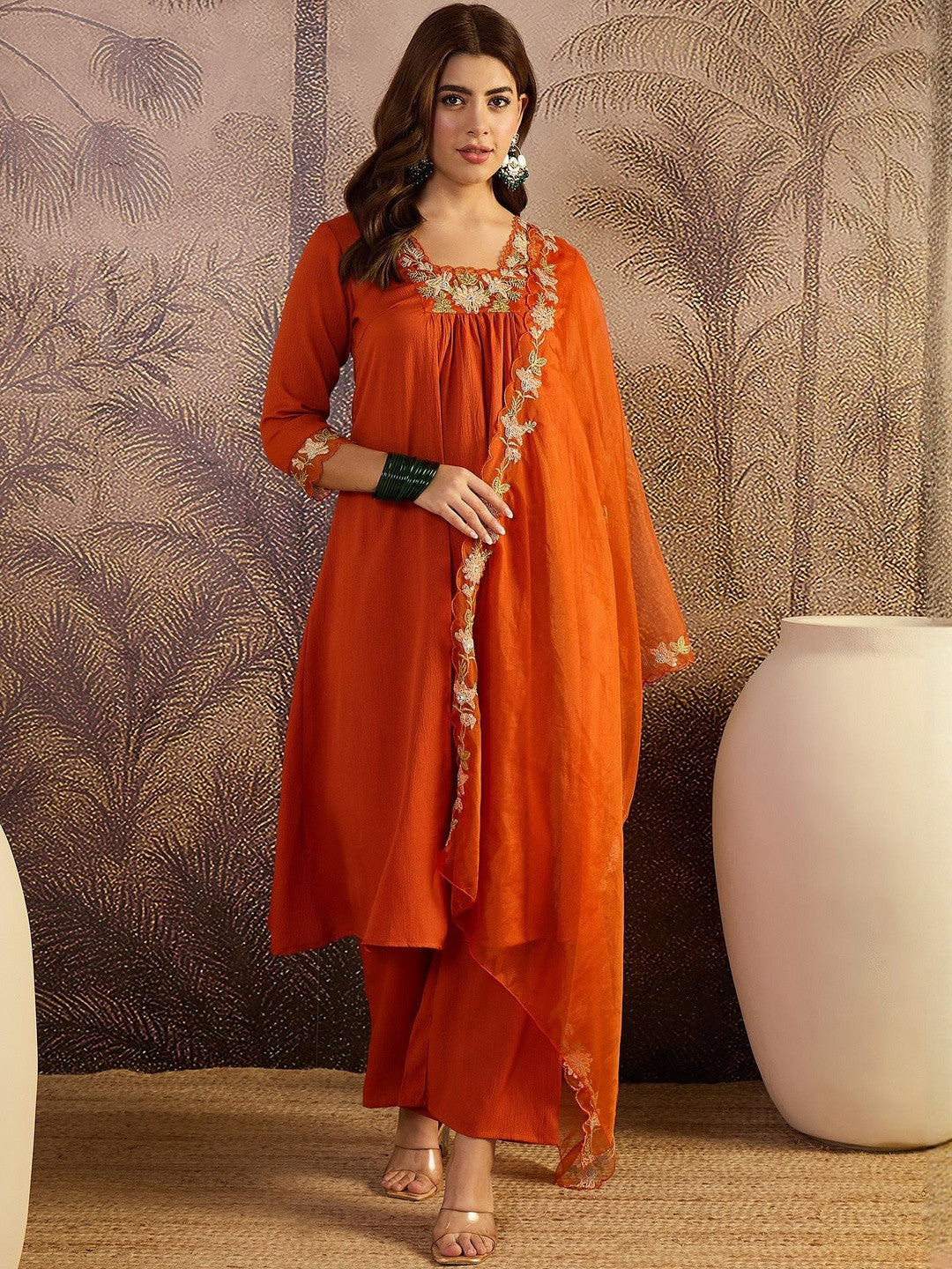 Floral Embroidered Kurta & Trousers with Dupatta Set