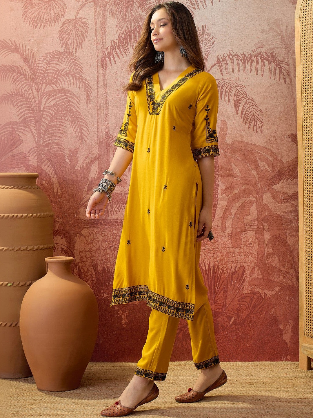 Embroidered V-Neck Kurta Sets