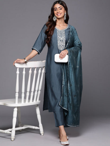 Women Ethnic Motifs Embroidered Regular Sequinned Kurta with Trousers & With Dupatta