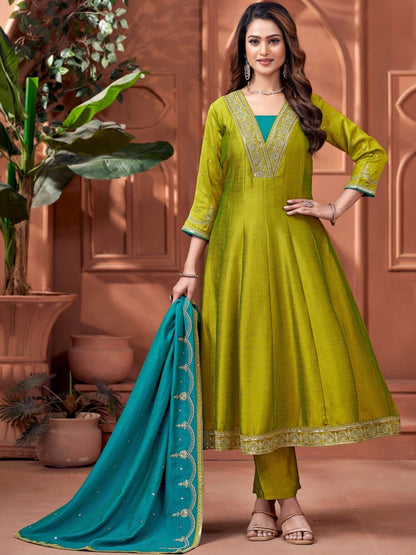 Embroidered V-Neck Kurta & Trousers With Dupatta
