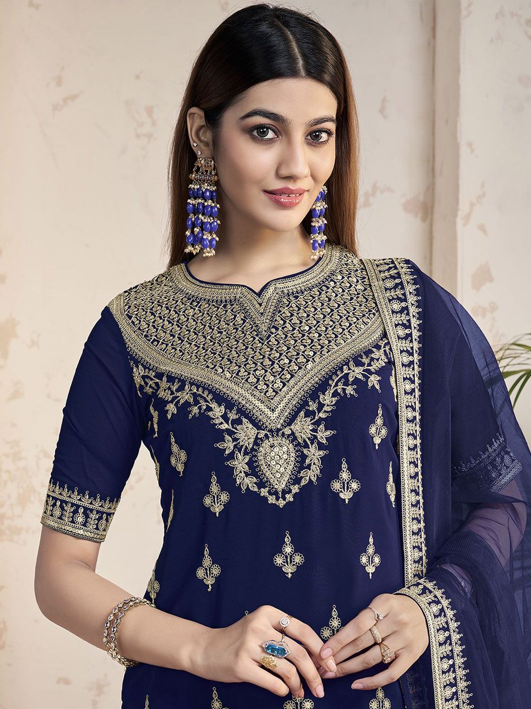 Dhiyona IN Women Ethnic Motifs Embroidered Regular Sequinned Kurta with Sharara & With Dupatta