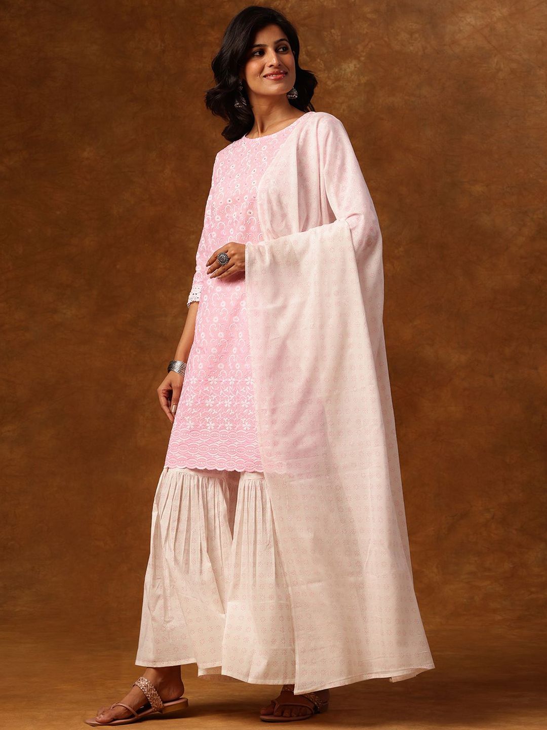 Dhiyona AN Ethnic Motifs Embroidered Round Neck Straight Kurta with Sharara & Dupatta