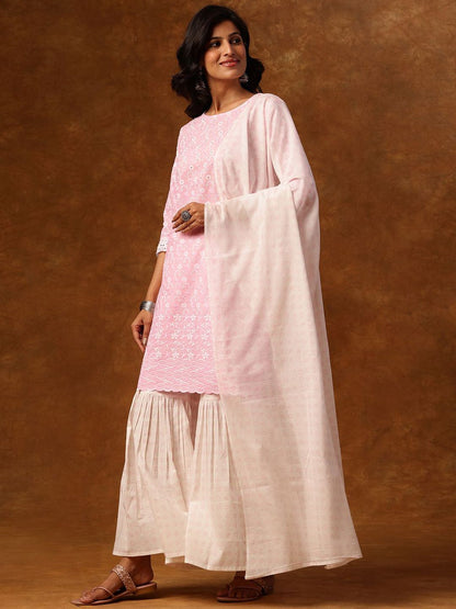 Dhiyona AN Ethnic Motifs Embroidered Round Neck Straight Kurta with Sharara & Dupatta