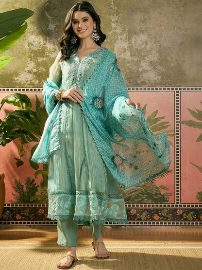Embroidered V-Neck Kurta Trousers & Dupatta