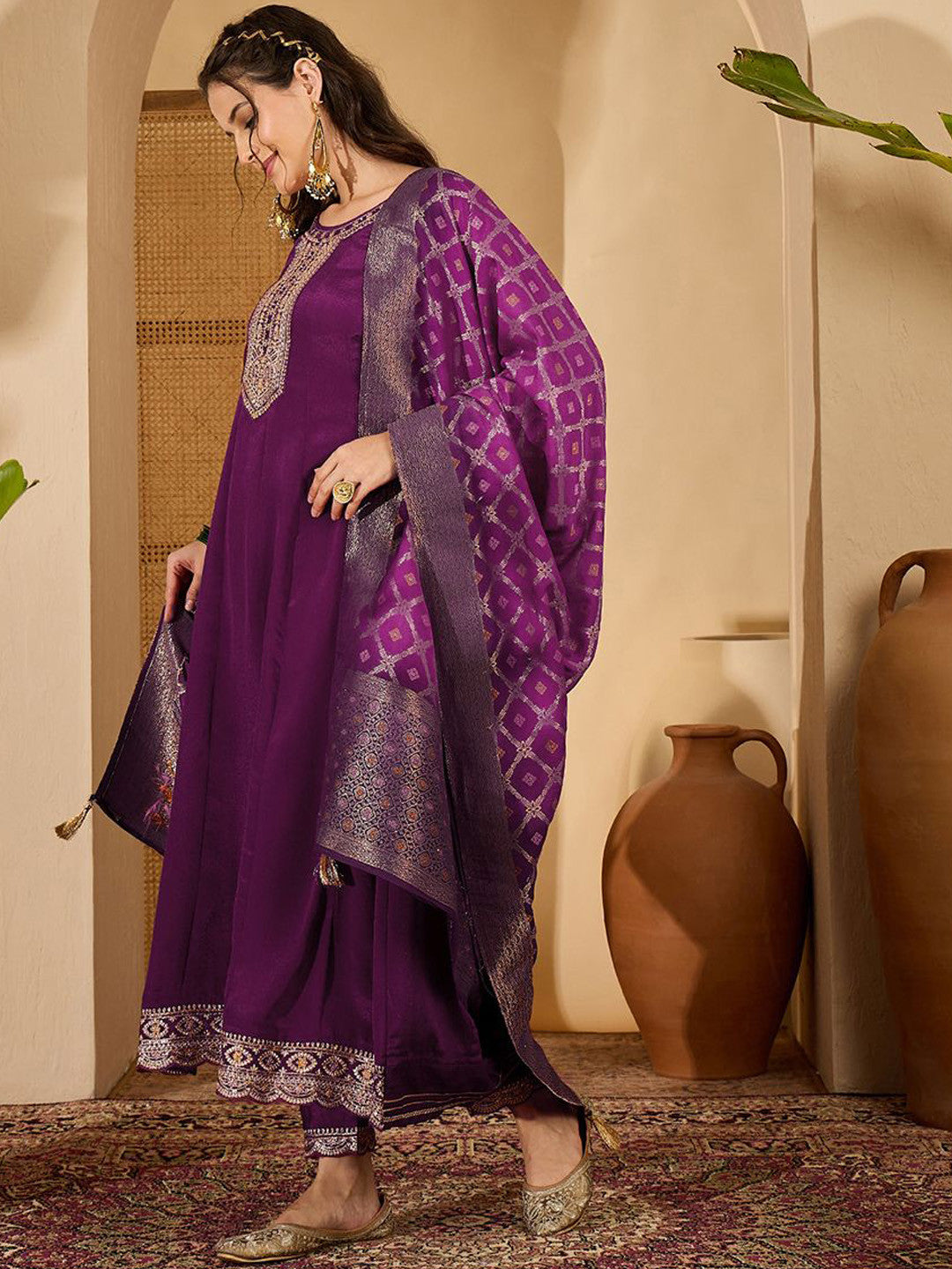 Women Floral Embroidered A-Line Kurta with Trousers & Dupatta