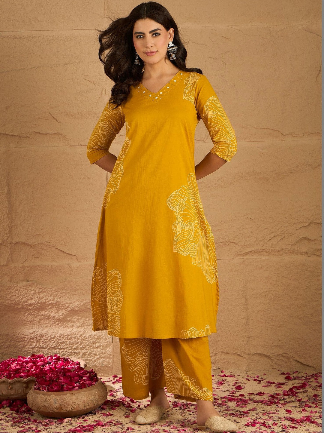 Floral Printed with Embroidered V-Neck Kurta & Trousers