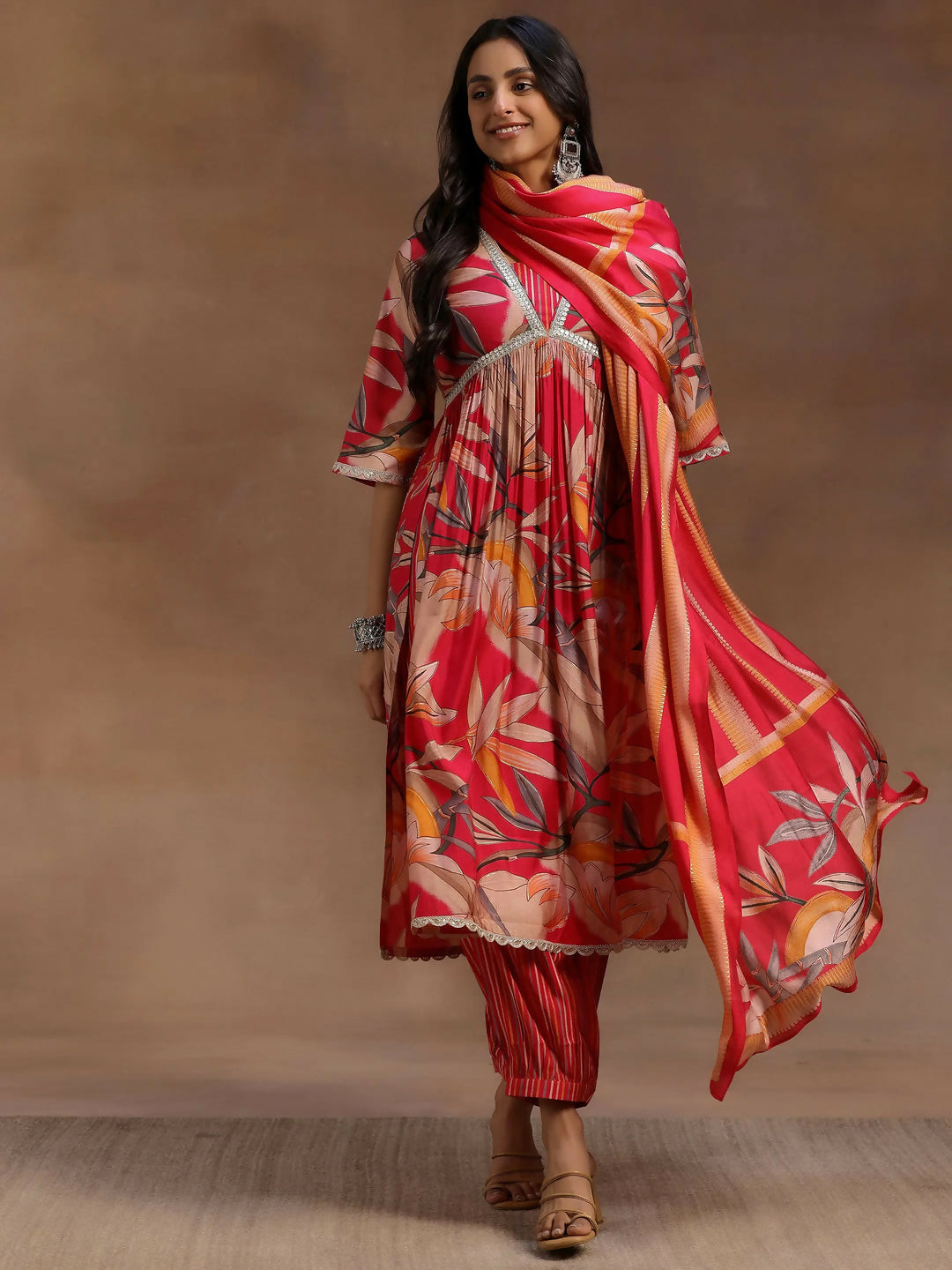 Women's LB Pink Printed Silk Blend A-Line Kurta With Salwar & Dupatta