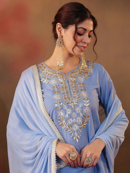 Dhiyona SC Floral Yoke Design Gotta Patti Chanderi Silk Straight Kurta With Sharara & Dupatta