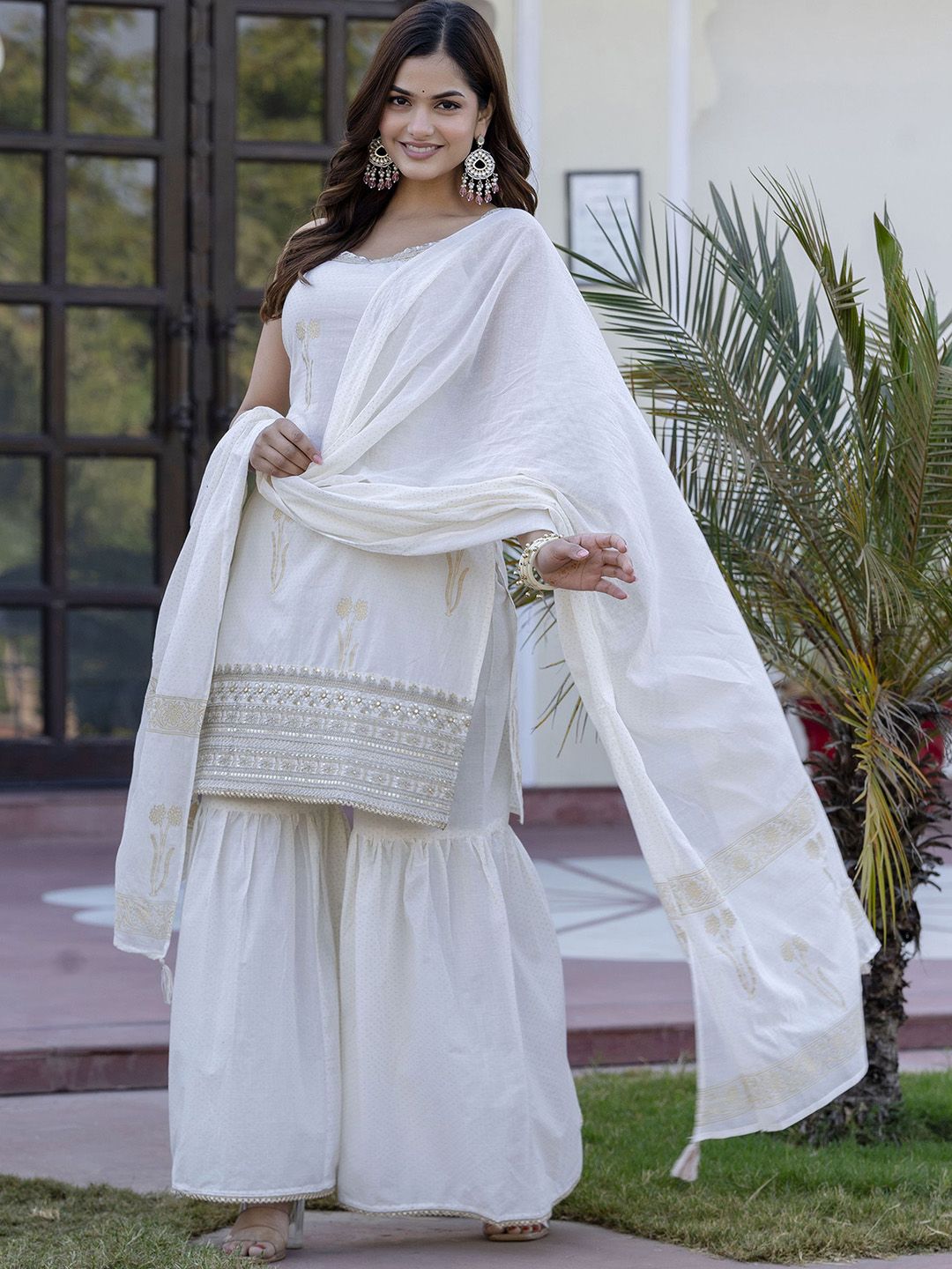 Dhiyona AN White Floral Printed Gotta Patti Pure Cotton Kurta With Sharara And Dupatta