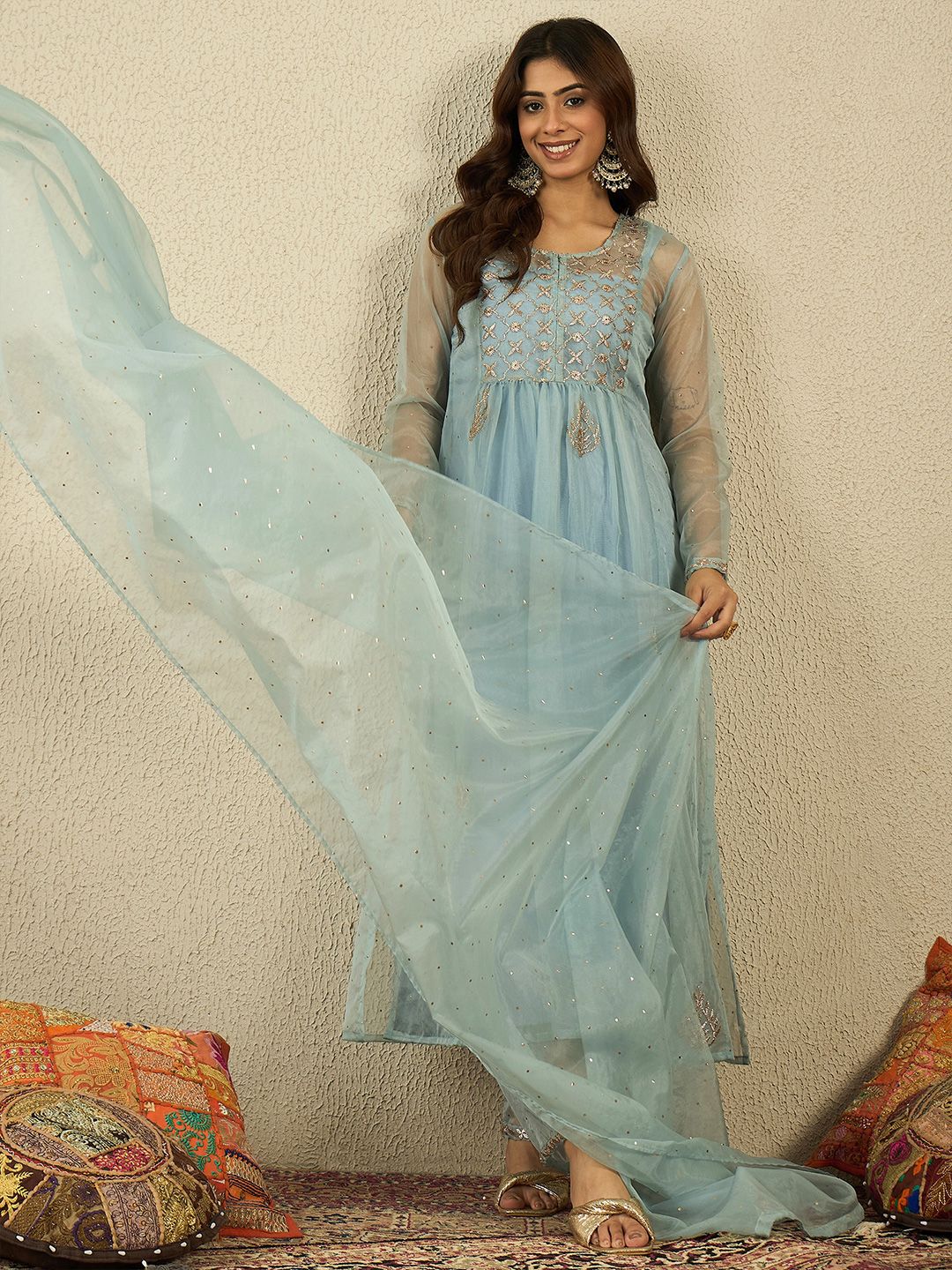 Dhiyona IN Women Ethnic Zari Mukaish Embroidered Kurta Set with Dupatta