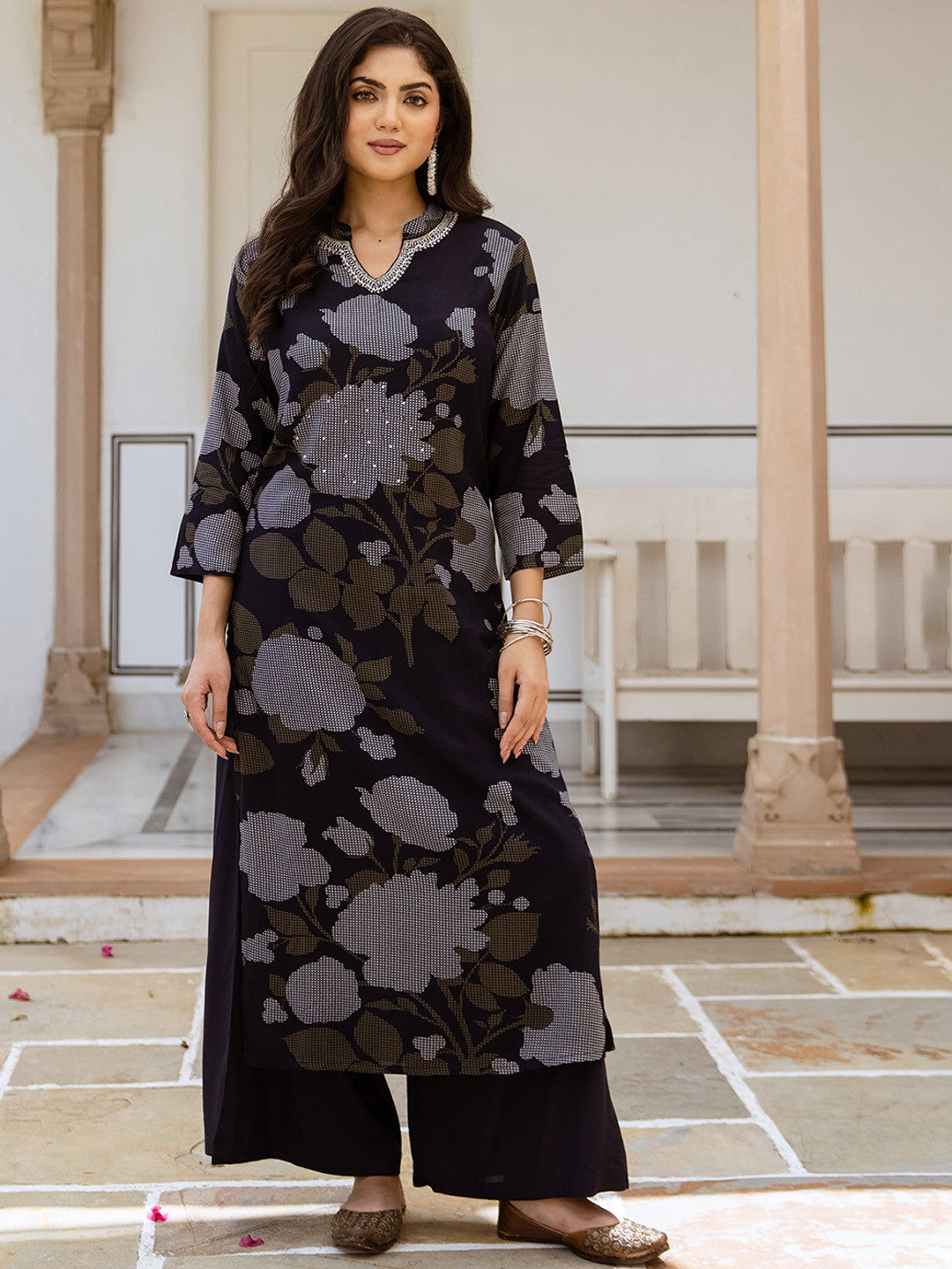 Floral Printed Notch Neck Sequinned Straight Kurta & Palazzos