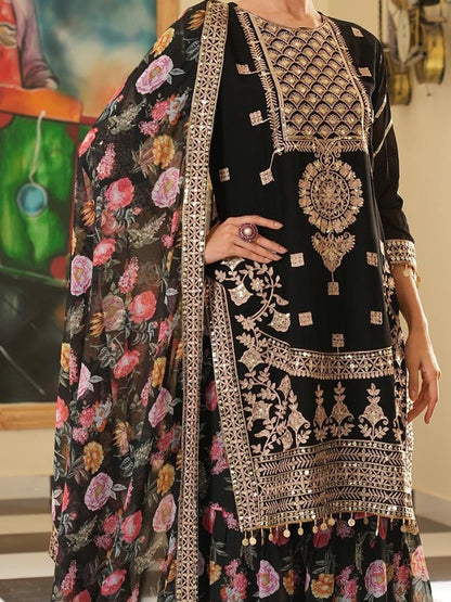 Dhiyona KL Floral Embroidered Sequinned Kurta With Sharara & Dupatta