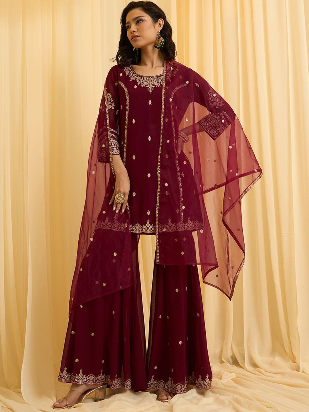 Dhiyona CH Floral Embroidered Sequinned Georgette Kurta with Sharara & Dupatta