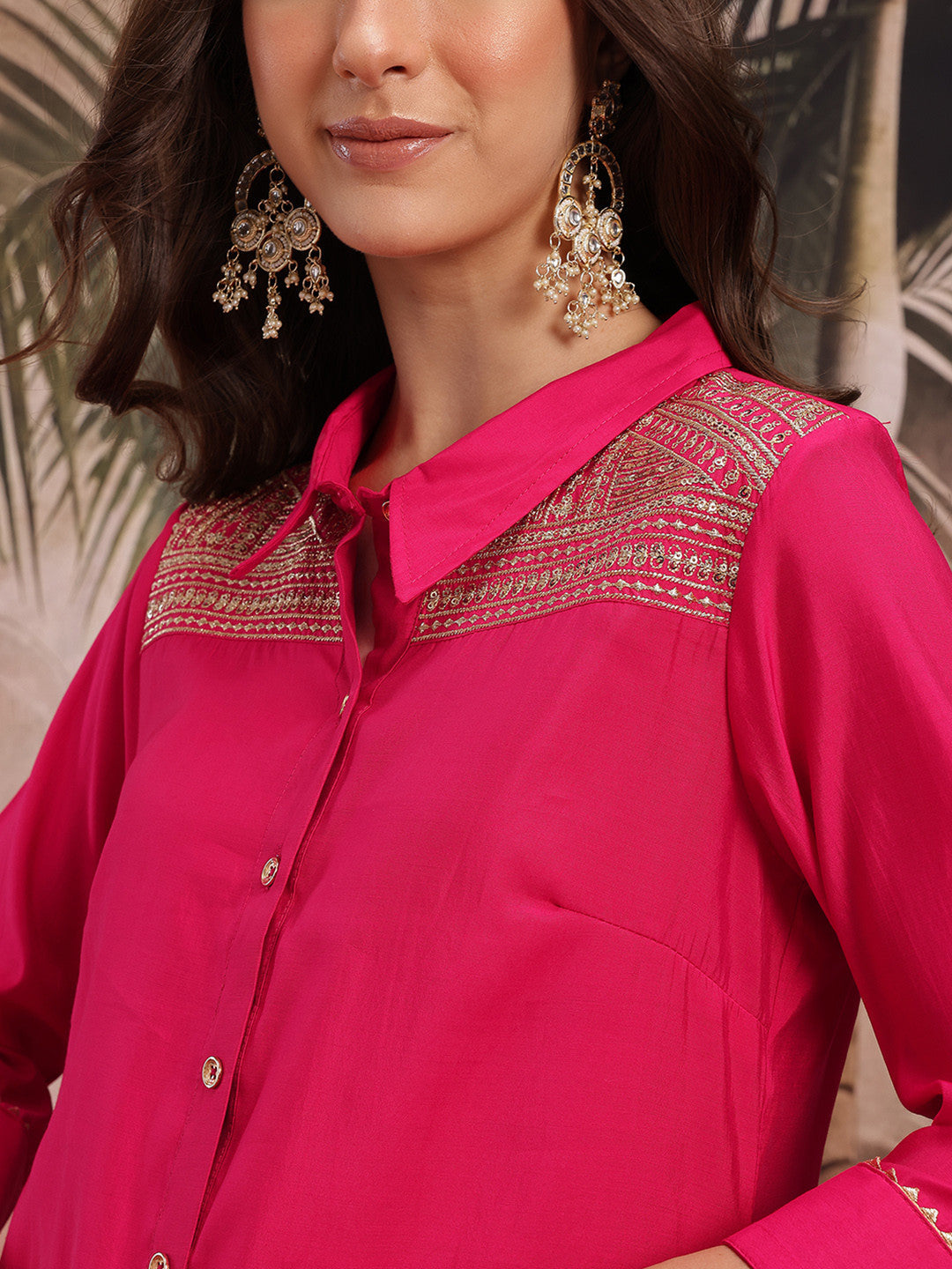 Yoke Design Sequinned Shirt Collar Kurta with Trouser