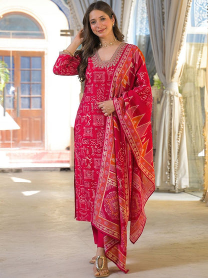 Dhiyona KL Women Ethnic Motifs Printed Regular Thread Work Kurta with Trousers & With Dupatta