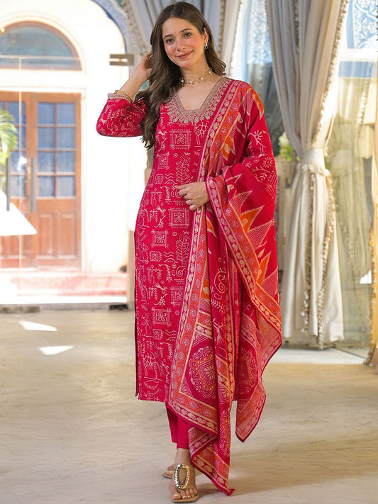 Dhiyona KL Women Ethnic Motifs Printed Regular Thread Work Kurta with Trousers & With Dupatta