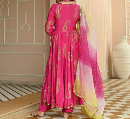 Dhiyona KL Women Floral Printed Angrakha Thread Work Kurta with Palazzos & With Dupatta