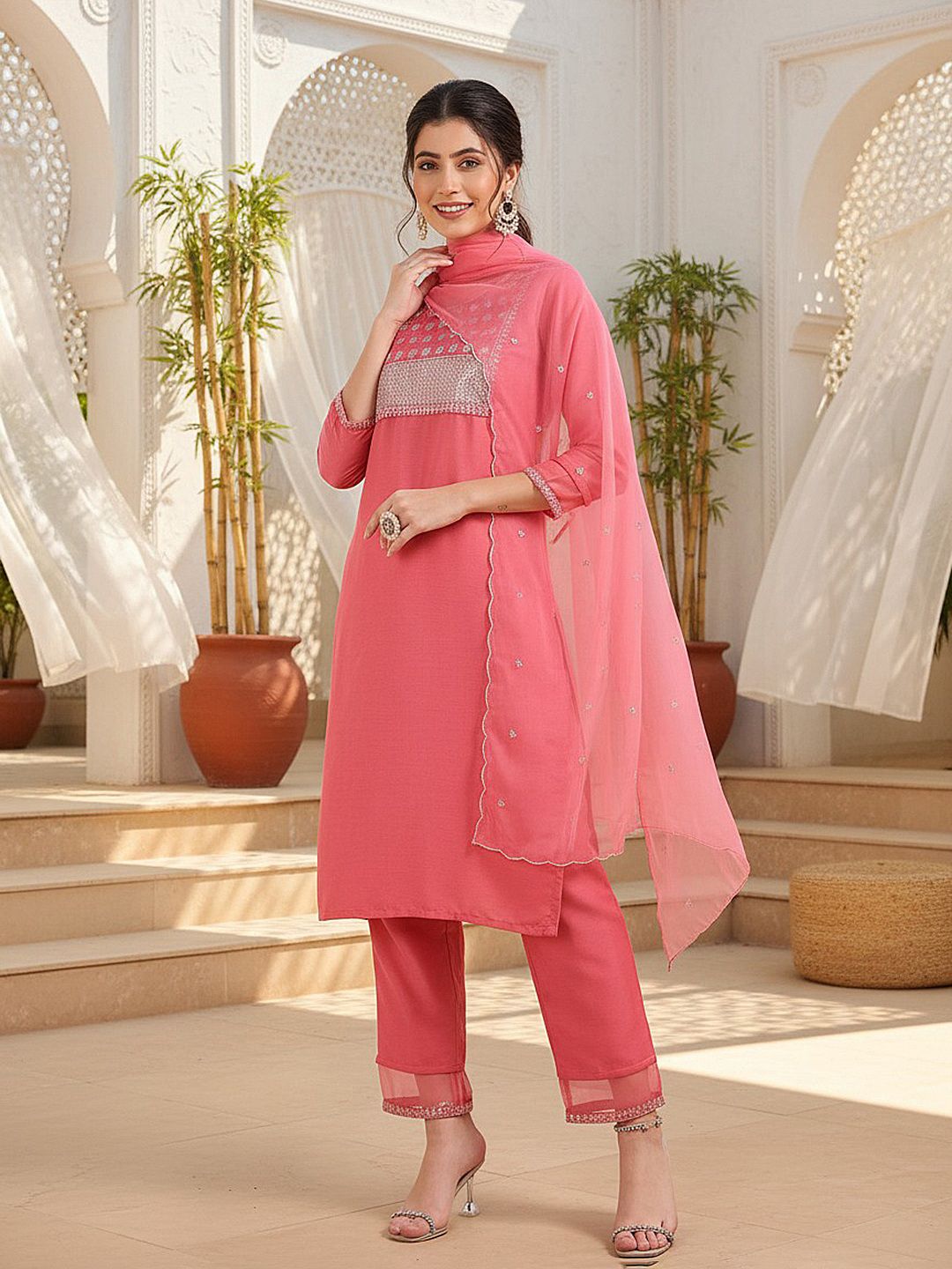 Dhiyona KL Ethnic Motifs Embroidered Regular Thread Work Kurta with Trousers & With Dupatta