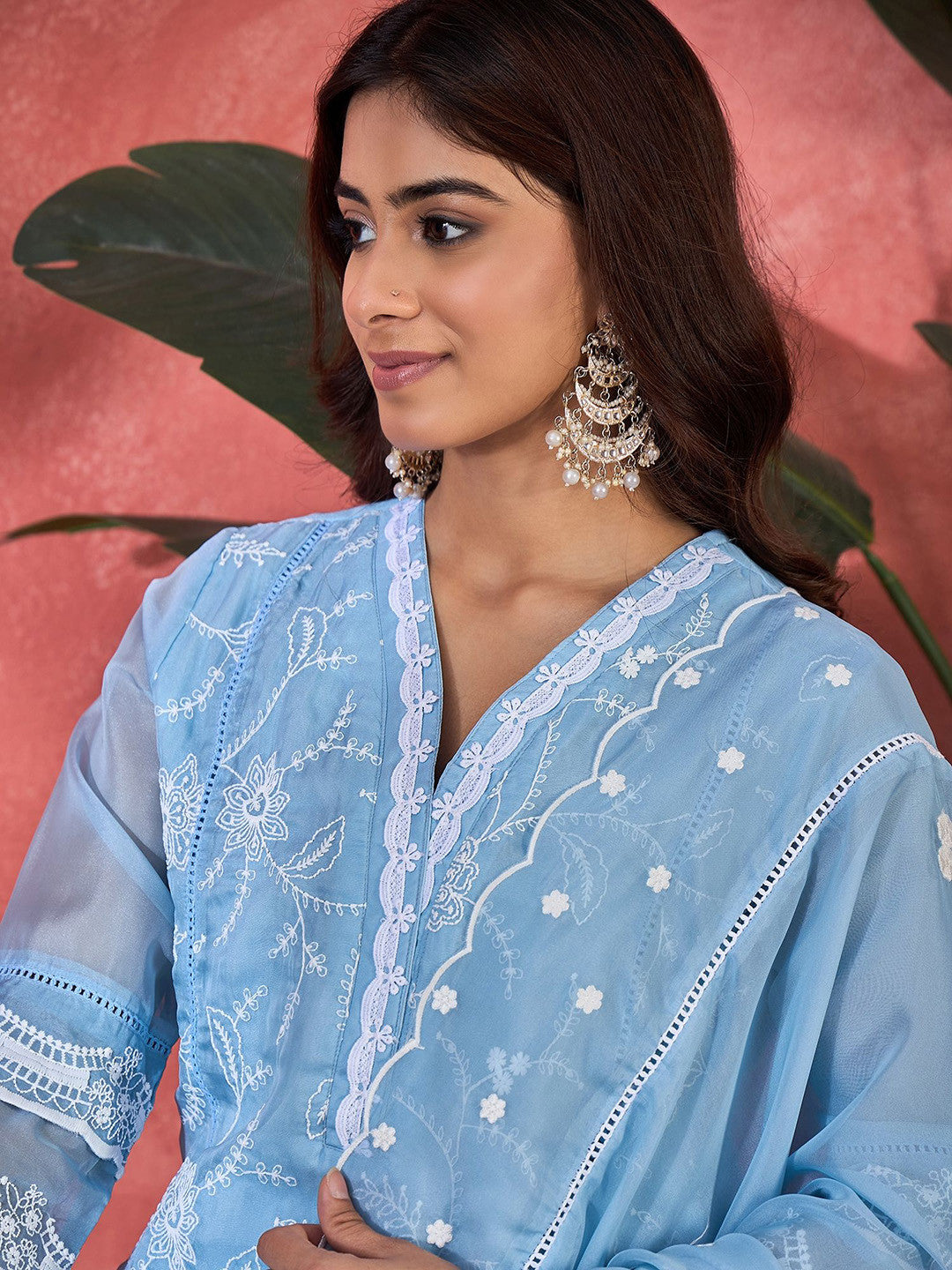 Embroidered V-Neck Chikankari Organza Kurta With Trousers And Dupatta