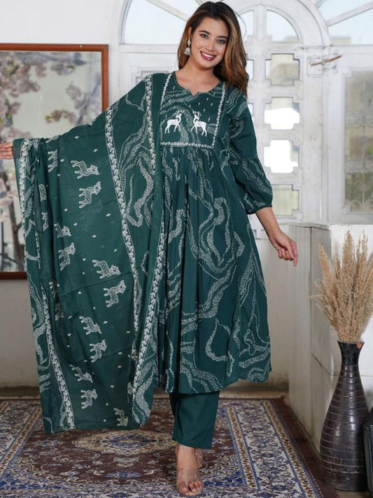 Dhiyona KL Women Printed Regular Pure Cotton Kurta with Trousers & With Dupatta