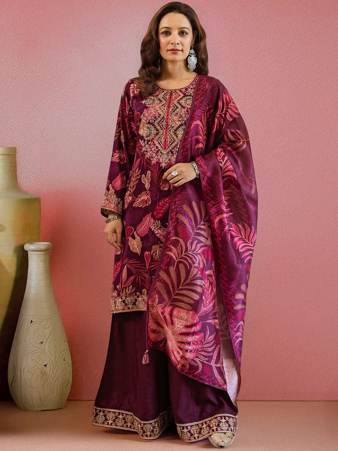Floral Printed Straight Thread Work Kurta With Palazzos & Dupatta