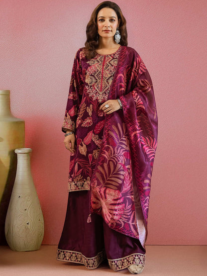 Floral Printed Straight Thread Work Kurta With Palazzos & Dupatta