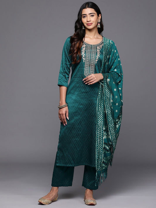 Dhiyona VA Women'sEthnic Motifs Embroidered Straight Kurta with Trousers & With Dupatta