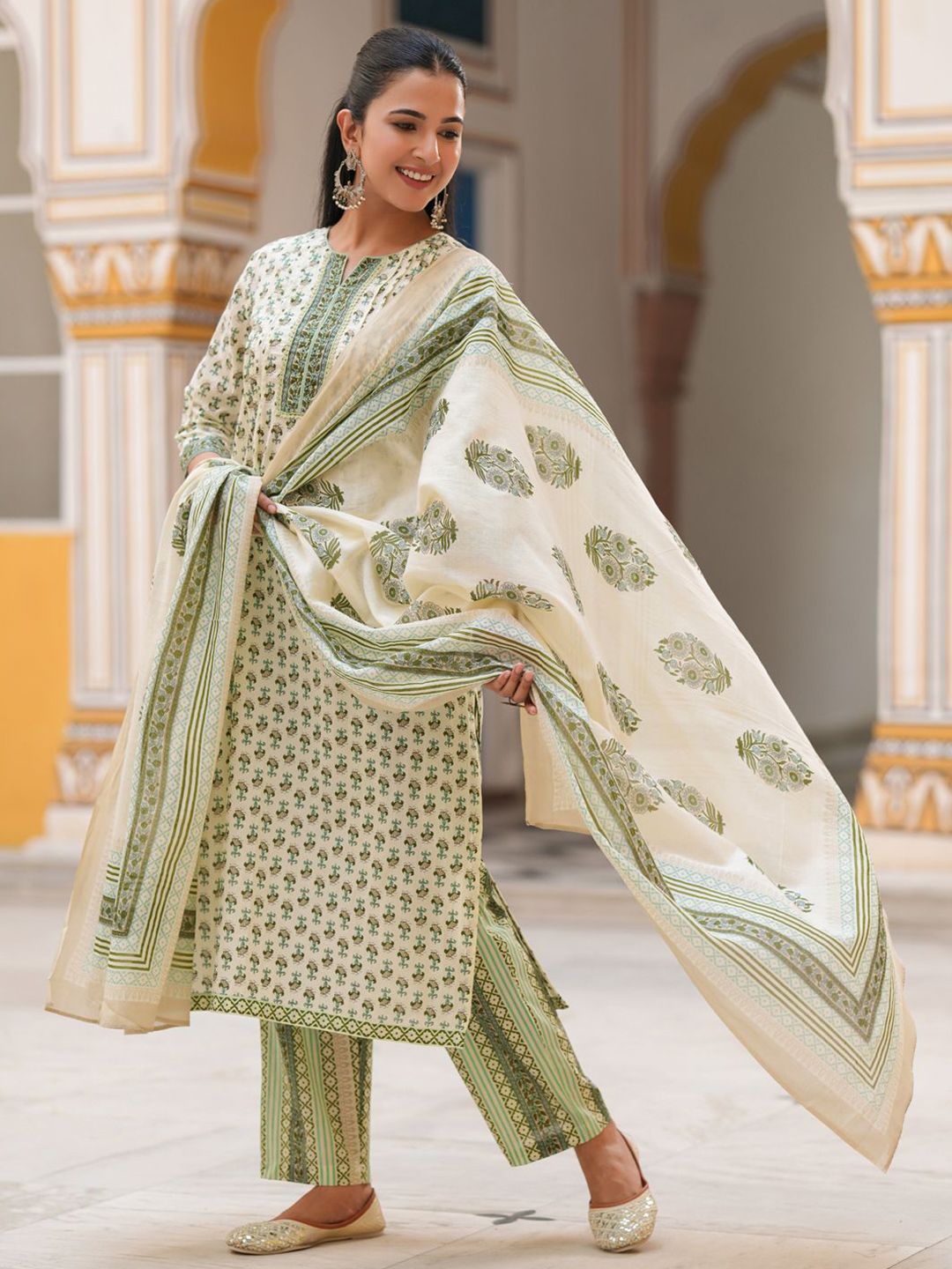 Dhiyona RR Women's Printed Sequinned Pure Cotton Kurta with Trousers & Dupatta