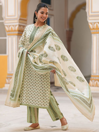 Dhiyona RR Women's Printed Sequinned Pure Cotton Kurta with Trousers & Dupatta