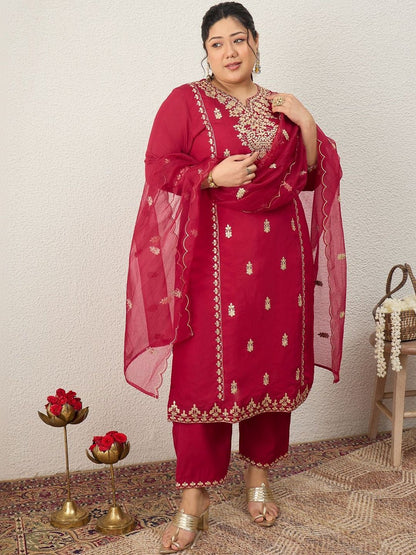 Dhiyona Women's Ethnic Motifs Embroidered Regular Kurta with Trousers & With Dupatta