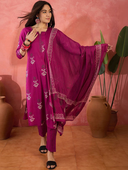 Printed Pure Cotton Round Neck Kurta & Trousers Kurta Set